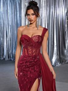 Glamrae 优雅奢华刺绣亮片蕾丝拼布缎面性感大腿高开衩美人鱼裙，带侧褶饰边，适合婚礼、派对、舞会、宴会（重度装饰） - 酒紅色 - 查看 4
