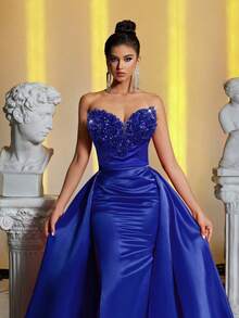 Glamrae Đầm dạ hội màu hồng cánh sen sang trọng, thanh lịch, không dây vai, thiết kế cổ áo tinh tế, dáng đuôi cá bằng satin với bèo nhún có thể tháo rời, phù hợp cho đám cưới, tiệc tùng, kỳ nghỉ, dạ hội, sự kiện trang trọng (đính kèm nhiều chi tiết), thích hợp cho ngày Valentine. - Xanh đậm - Xem 1