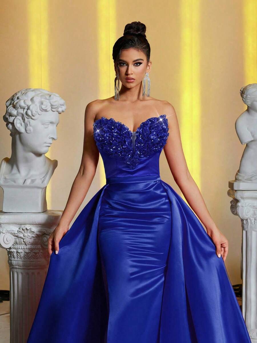 Glamrae Đầm dạ hội màu hồng cánh sen sang trọng, thanh lịch, không dây vai, thiết kế cổ áo tinh tế, dáng đuôi cá bằng satin với bèo nhún có thể tháo rời, phù hợp cho đám cưới, tiệc tùng, kỳ nghỉ, dạ hội, sự kiện trang trọng (đính kèm nhiều chi tiết), thích hợp cho ngày Valentine. - Xanh đậm - Xem 1