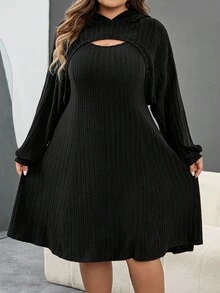 SHEIN CURVE+ 大码黑色厚罗纹卫衣连衣裙，两件套，初秋/秋冬 - 黑色 - 查看 7