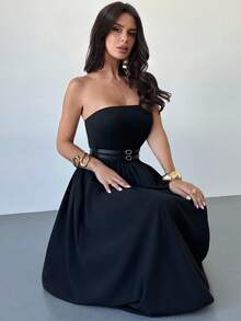 Firerie Women's Casual Versatile Daily Commute Vacation Street Fashion Double Waistband Tube Top A-Line Midi Dress, Black - Black - View 4