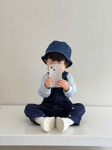 SHEIN 男婴蓝色休闲字母刺绣连体裤，适合周末外出、休闲居家时光、家庭聚会 - 藍色 - 查看 6