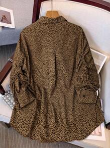 SHEIN Clasi 女式加大码豹纹纽扣前抽绳长袖衬衫 - 彩色 - 查看 2