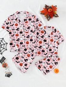 Set de pijama de 2 piezas con pantalón corto y estampado de calabaza y fantasma para niñas, retardante de llama - Multicolor - Ver 7