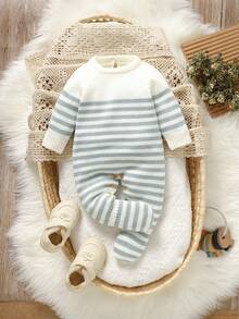 SHEIN 1 pieza Pelele de manga larga con cuello redondo a rayas para recién nacido, diseño casual y minimalista