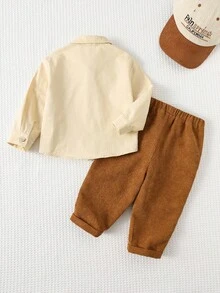 Cozy Pixies 男婴撞色口袋翻领长袖开衫和松紧腰裤套装，男婴灯芯绒裤，男婴灯芯绒套装，男婴秋季服装，棕色男婴服装，男婴亚麻衬衫（冬季款） - 彩色 - 查看 2