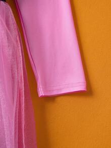 THE POWERPUFF GIRLS X SHEIN Young Girl Blossom Pattern Cute 3D Shaped Hooded Long Sleeve Mesh Costume Dress, Pink Fall Winter - Multicolor - View 8