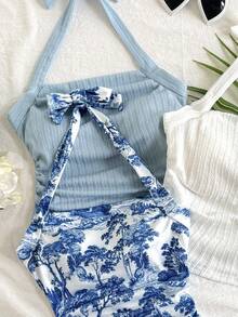 SHEIN 3件套青少年女孩休闲针织无袖挂脖背心 - 淺藍色 - 查看 3