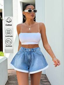 EURMUSE 100%Cotton Rigid Contrast Paneled Denim Shorts - Medium Wash - View 1