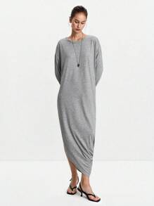 Lumivelle Women's Solid Color Round Neck Fashionable Loose Hem Pleated Long Sleeve Dress Fall Cloth For Women