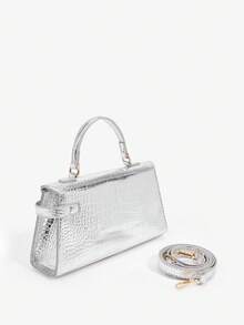 SHEIN BAE 时尚高端金属鳄鱼压纹迷你手提包 - 銀色 - 查看 6