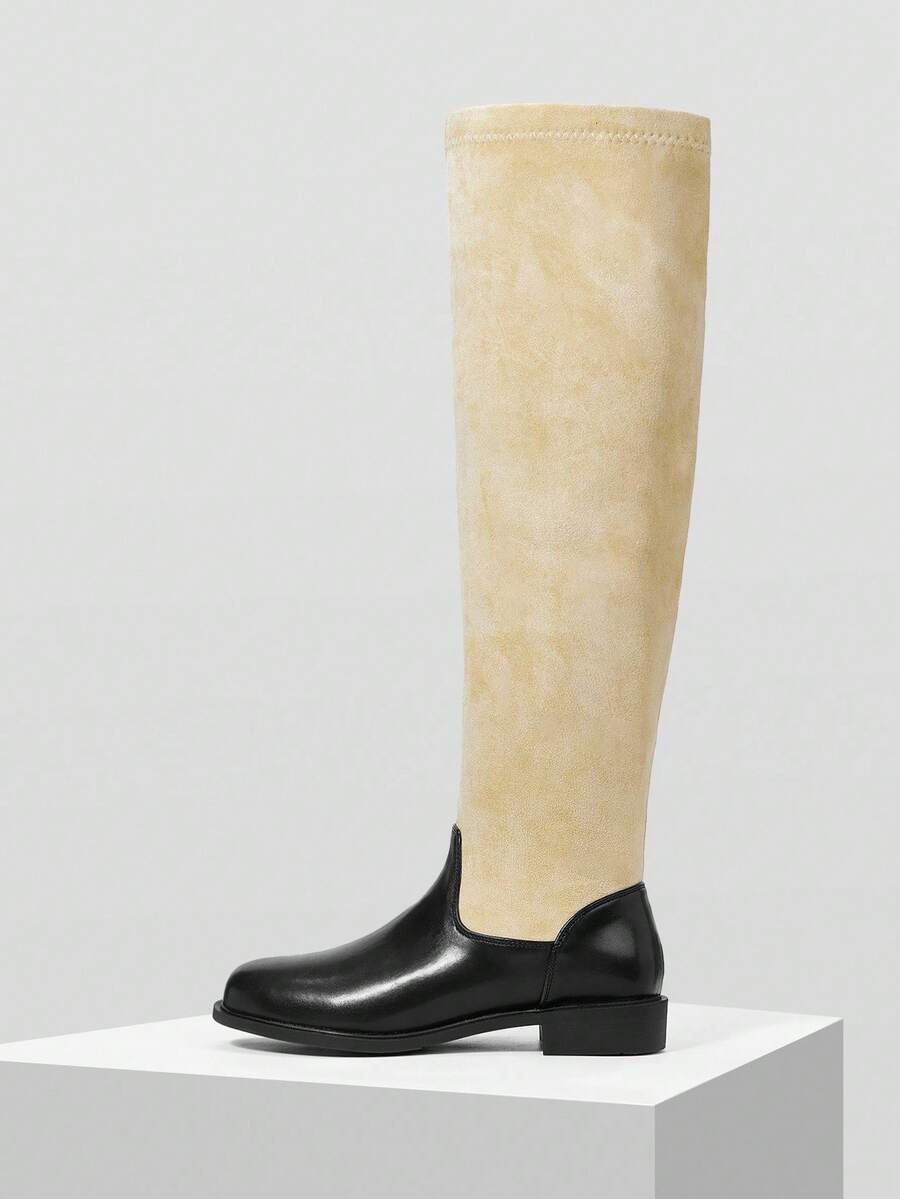 Mnmlis 圆头粗跟时尚英伦风靴子，女士侧拉链连衣裙靴，平底踝靴 - 杏色 - 查看 1