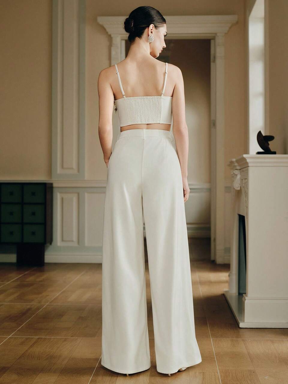 Anewsta Women's New Elegant Pearl Beaded Camisole Top And White Pants 2-Piece Set
