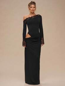 SHEIN BAE Jesienno-zimowa damska solidna czarna koronkowa asymetryczna sukienka z kołnierzykiem w kształcie trąbki z długim rękawem, dzianinowa, dopasowana, elegancka, eleganckie sukienki na imprezę, sukienka dla gości weselnych, czarna sukienka, jesienne ubrania dla kobiet, kostiumy na Halloween, Boże Narodzenie - Czarne - Zobacz 5