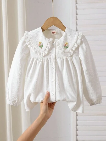 SHEIN 年轻女孩可爱花朵泡泡领长袖衬衫，早春/秋季休闲宽松开衫