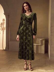 MOTF PREMIUM VELVET JACQUARD LANTERN SLEEVE DRESS - Olive Green - View 4