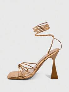 CUCCOO SZL Rose Gold Metallic Strap Tie-Up Metallic Chic Sexy High Heel Square Toe Sandals - Rose Gold - View 7