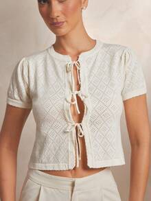 L'Amorae 女士针织开衫 Old Money 前系带上衣 - 杏色 - 查看 3