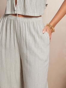 L'Amorae 女士条纹亚麻休闲裤套装