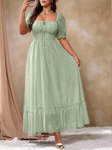 Flirla 加大码甜美浪漫粉色方领蝴蝶结荷叶边下摆长裙复活节装 - 薄荷綠 - 查看 4