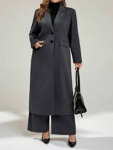 Auralis بدلة رسمية للنساء ذوات الأحجام الكبيرة للربيع والخريف، بتصميم كاجوال فضفاض مريح للاستخدام اليومي، بسترة طويلة ضيقة وبنطال واسع، مجموعة بدلة رمادية، بطراز "Old Money"، كاجوال للعمل، ملابس مكتبية للنساء، ملابس عمل، ملابس الخريف - رمادي - مشاهدة 6