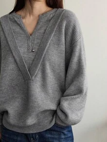 Dazy-Less Women's Loose Business Casual V-Neck Patchwork Pullover Sweater, Suitable For Commuting And Office Wear, Autumn/Winter - Grey - View 1