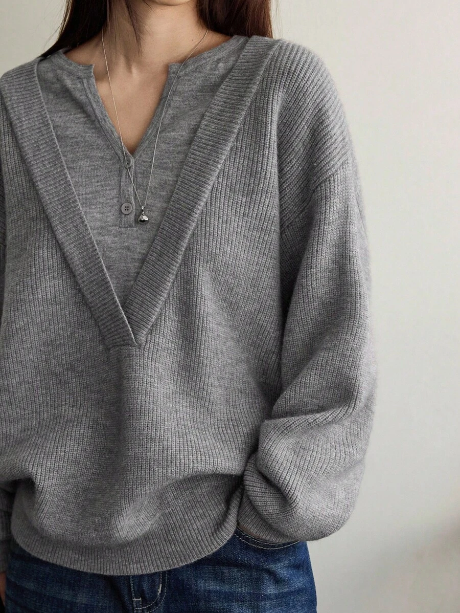 Dazy-Less Women's Loose Business Casual V-Neck Patchwork Pullover Sweater, Suitable For Commuting And Office Wear, Autumn/Winter - Grey - View 1