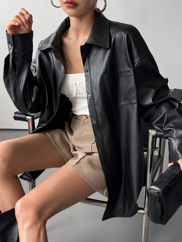 Women's Casual Loose Collar Long Sleeve Pocket PU Jacket, Street Style, Autumn/Winter Leather Jacket