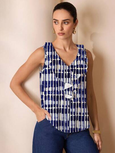 Shutterstock Glamance 女士优雅荷叶边无袖宽松衬衫，春夏蓝白上衣无袖荷叶边上衣女士夏季上衣飘逸上衣