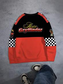 HARRY POTTER X SHEIN 男式彩色块字母和棋盘格图案圆领长袖套头衫