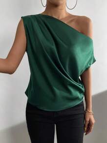 Chiquease Solid Asymmetrical Neck Satin Blouse One Shoulder Top