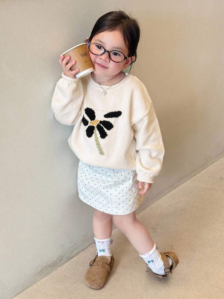 Toddler Girls' Crew Neck Colorblock Floral Print Long Sleeve Sweater, Autumn/Winter