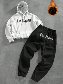 Manfinity LEGND Bộ 2 món áo nỉ trùm đầu in chữ và quần có túi màu tương phản dành cho nam, trang phục mùa thu - trắng - Xem 7