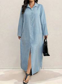 Linhara Váy sơ mi dài phong cách ngày lễ cỡ lớn cho nữ, áo sơ mi dài tay, khối màu & sọc, nút đơn - Màu xanh nhạt - Xem 6