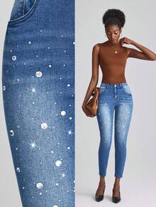 SHEIN Frenchy Women's Rhinestone Embellished Skinny Fit Denim Jeans - Blue - View 1