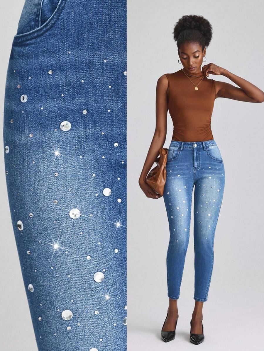 SHEIN Frenchy Women's Rhinestone Embellished Skinny Fit Denim Jeans - Blue - View 1