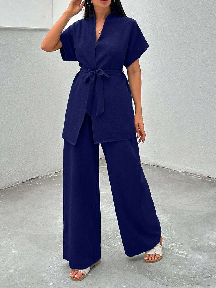 Women's Solid Color Bat Sleeve Top And Pants Casual Commuter Suit - Navy Blue - View 6