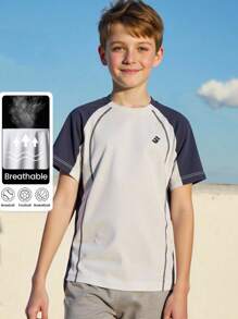 JNSQ Back To School Outdoor Sports Short Sleeve T-Shirt, Kids Round Neck Contrast Color Funny Letter Print Outdoor Sports Short Sleeve Tee - Multicolor - View 1