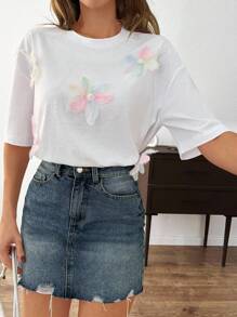 EURMUSE 花卉贴花短袖 T 恤 夏季季节性图案 T 恤 女式上衣