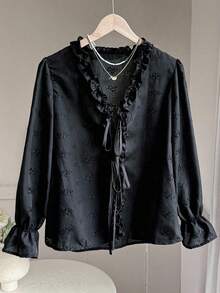 SHEIN Women's Hollow Out Embroidery V-Neck Tie Bow Blouse Fall Cloth For Women