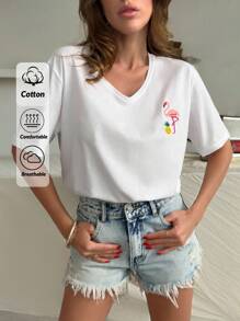 EURMUSE 女士火烈鸟和菠萝印花V领短袖休闲T恤 - 白色 - 查看 1