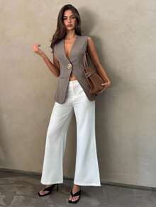 Aloruh 女士夏季通勤休闲金属纽扣深 V 卡其色西装背心 - 卡其色 - 查看 3