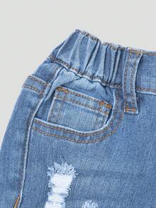 SHEIN Sparklyn Young Girl Medium Wash Blue Distressed Jeans, Fashionable Fall Winter - Medium Wash - View 8