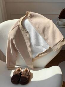 SHEIN 男童灯芯绒保暖内衬拉链棒球夹克，适合通勤、上学、休闲、运动、秋冬季穿着。男童灯芯绒夹克，幼儿夹克，秋季款。 - 杏色 - 查看 7