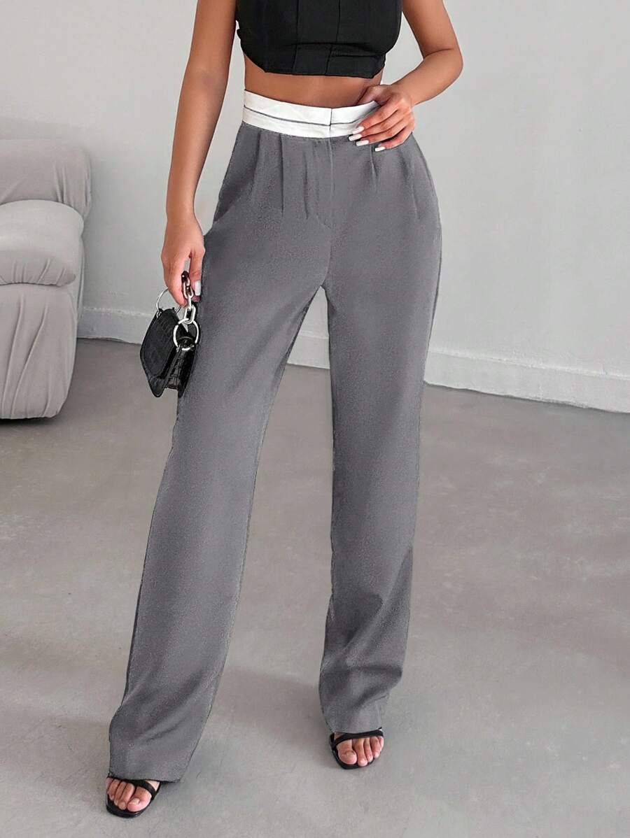 EURMUSE Pantalones de traje diario de uso sencillo con contraste de color para mujeres - Gris - Ver 1