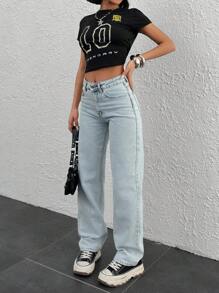 CasuGlow 女士直筒中腰牛仔裤 - 淺色水洗藍 - 查看 3