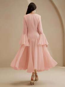 Anewsta 优雅的乳白色长袖喇叭连衣裙，纽扣喇叭袖 - 粉色 - 查看 2