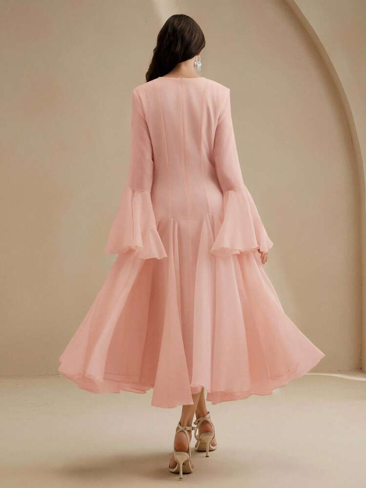 Elegant Milky White Long Sleeve Flared Dress With Button Flare Sleeves