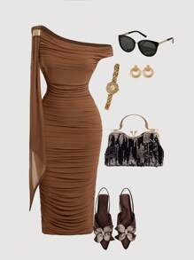 SHEIN MOD 加大码棕色不对称系带肩褶饰修身连衣裙棕色连衣裙，秋季外出装 - 棕色 - 查看 6