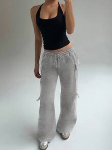 FavEase 女式抽绳腰部口袋阔腿慢跑裤，灰色，休闲街头风格，秋季 - 灰色 - 查看 6
